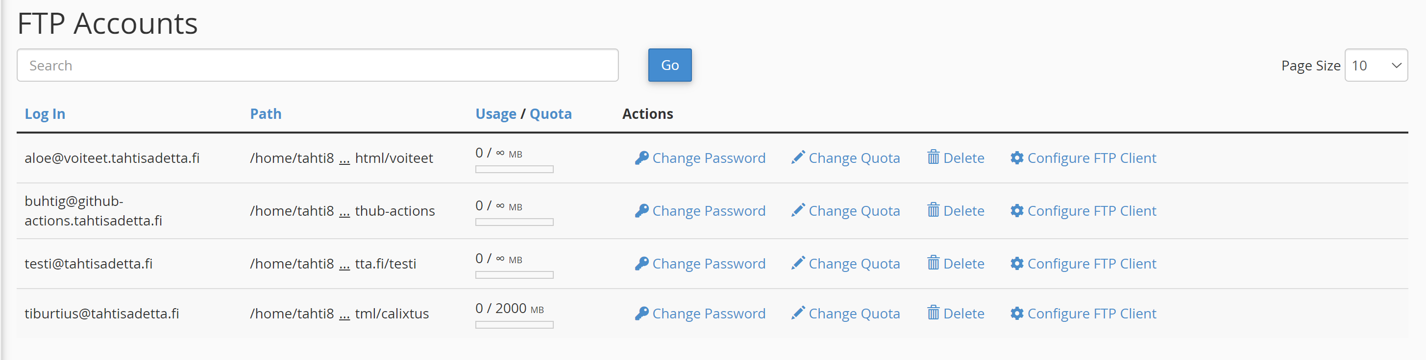 Lisätty FTP -tunnus näkyy listassa.