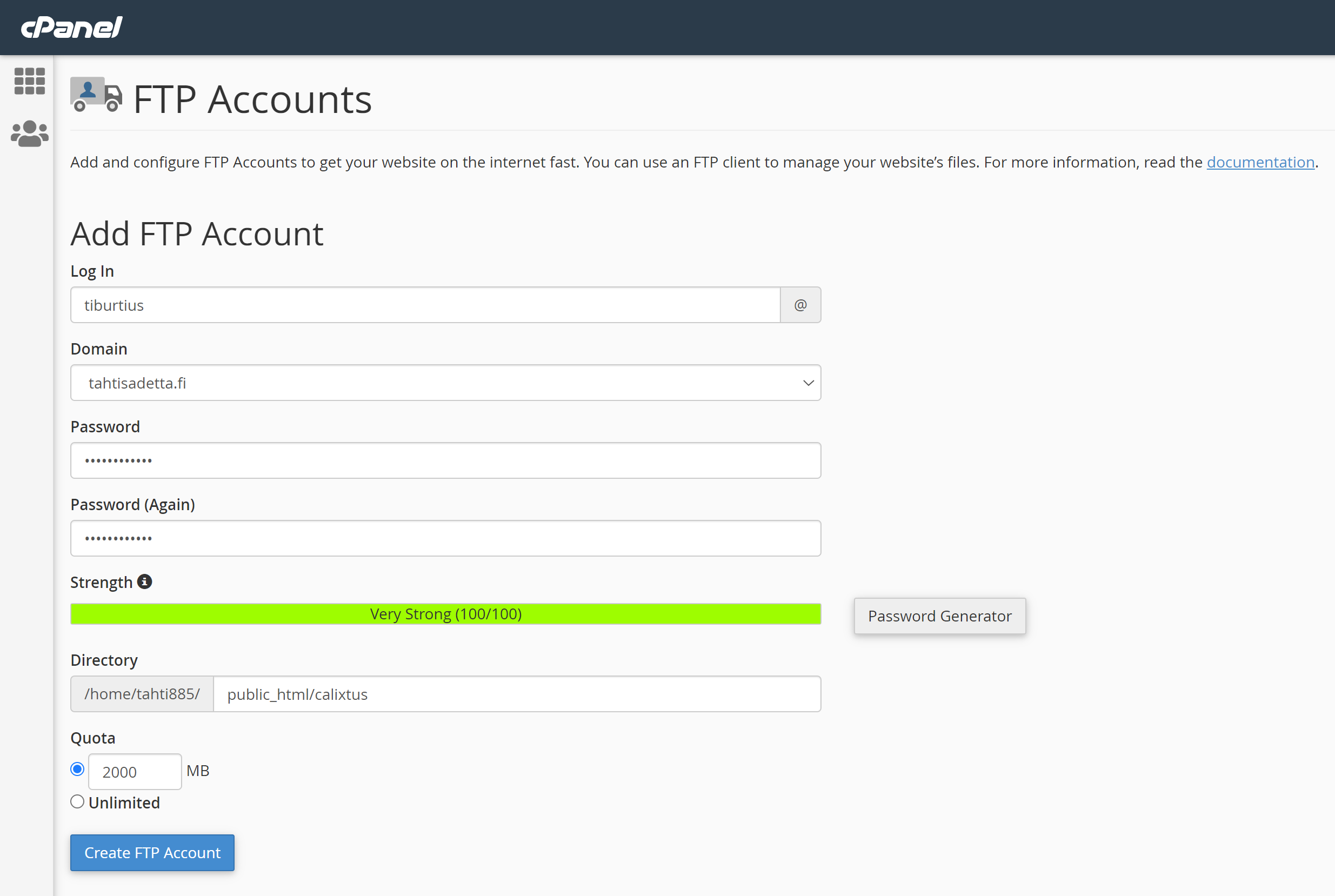 cPanel FTP -käyttäjätunnuksen luominen
