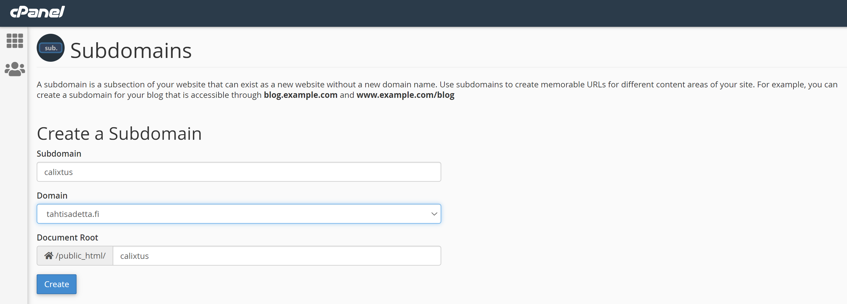 cPanel lisää uusi Subdomain lomake
