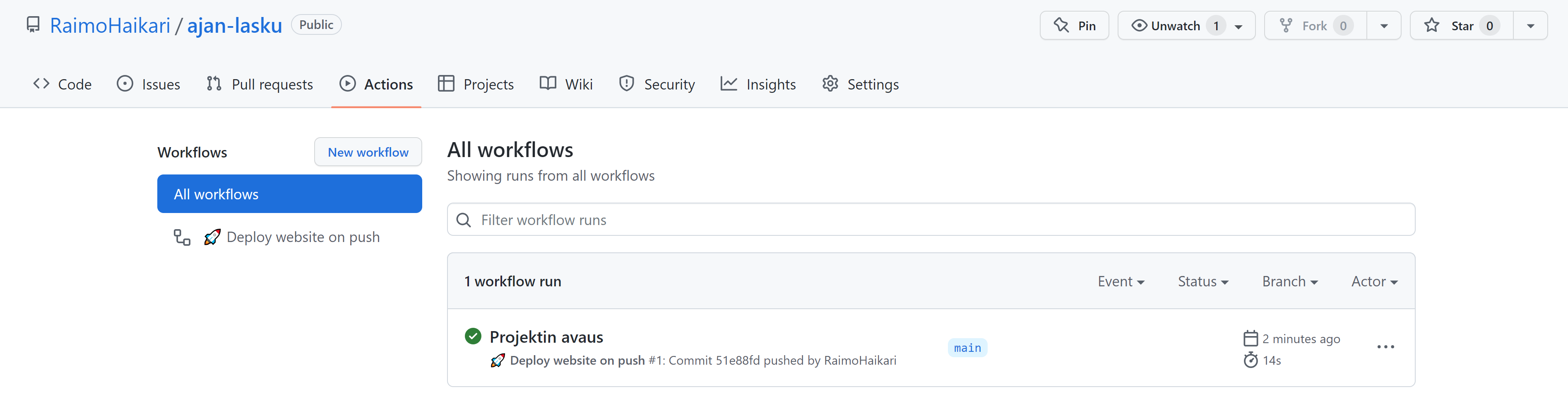 GitHub Actions-välilehti ensimmäisen päivityksen jälkeen