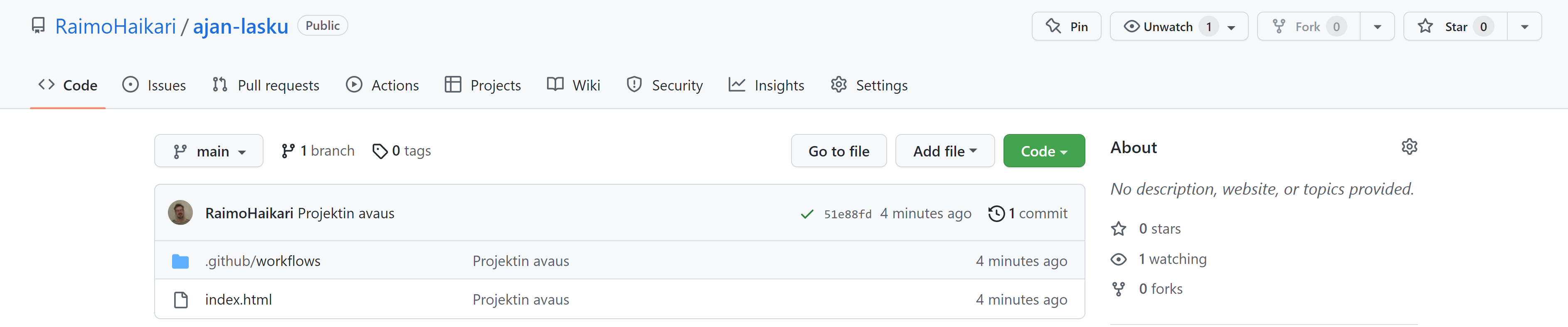 GitHub Code-välilehti ensimmäisen päivityksen jälkeen