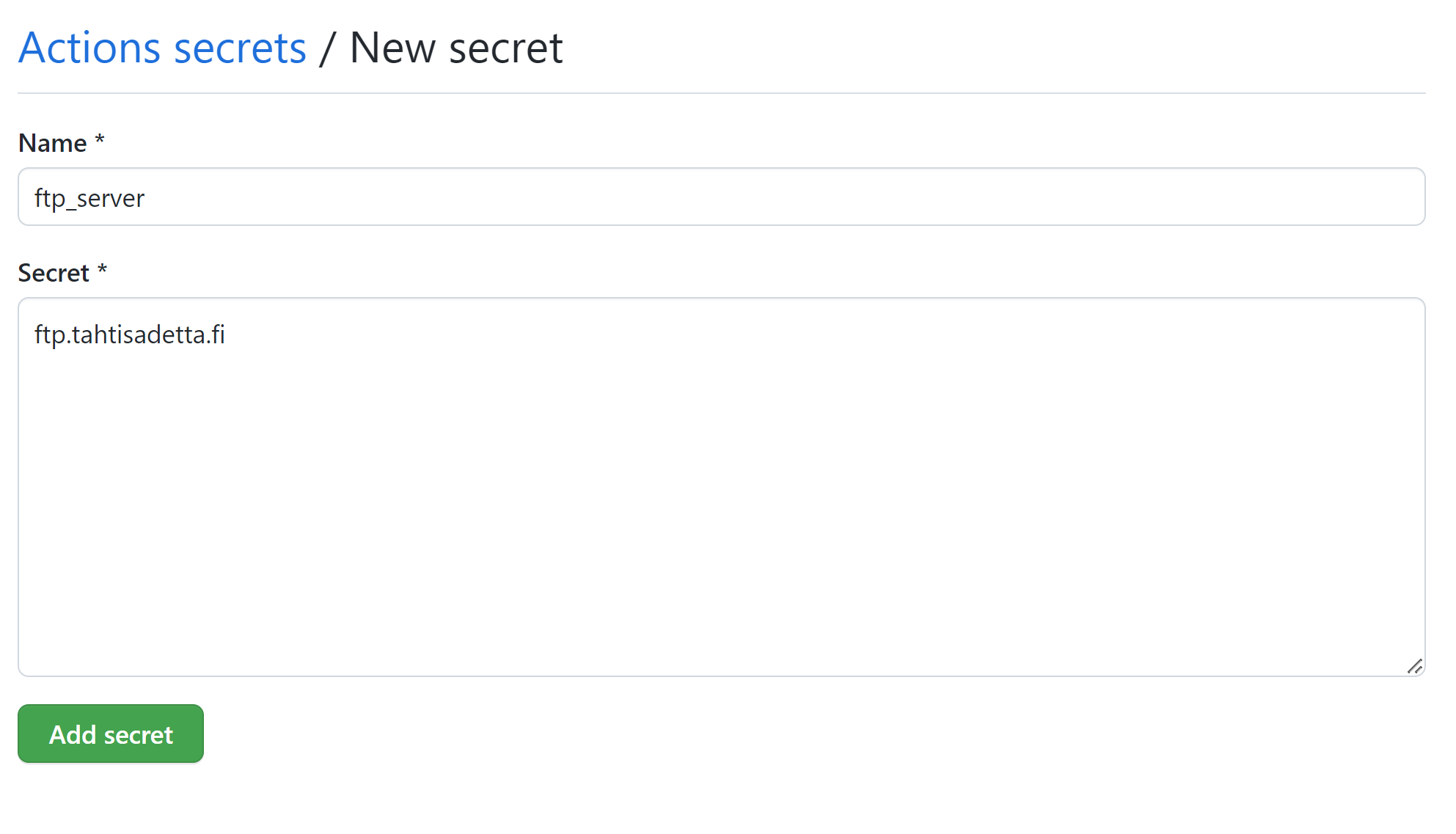 Secrets-asetuksen lisääminen