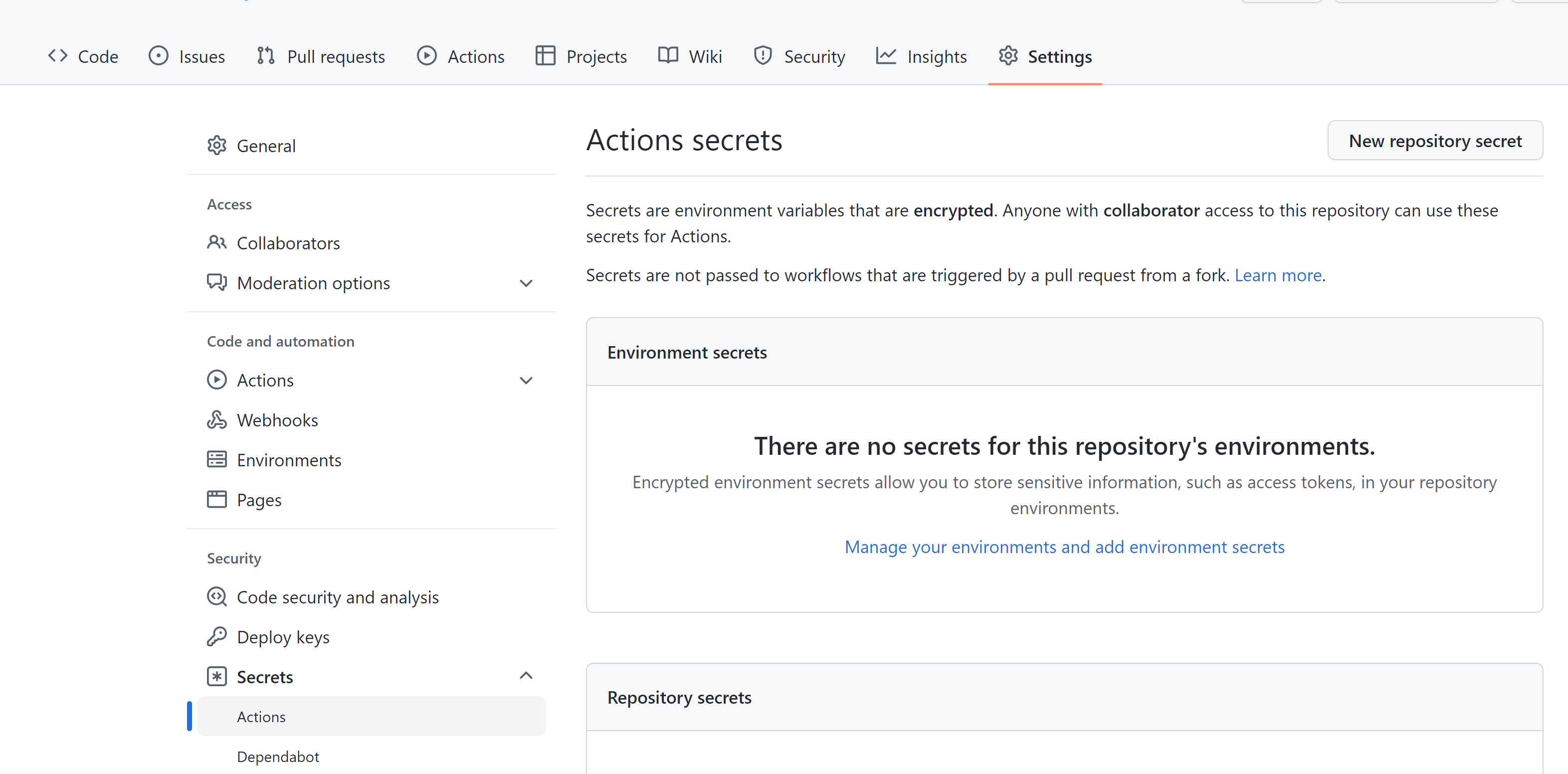 Repositoryn Secrets-asetukset