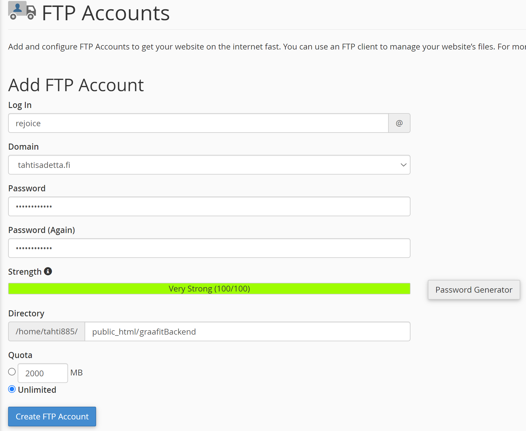 cPanel FTP-tunnuksen luonti