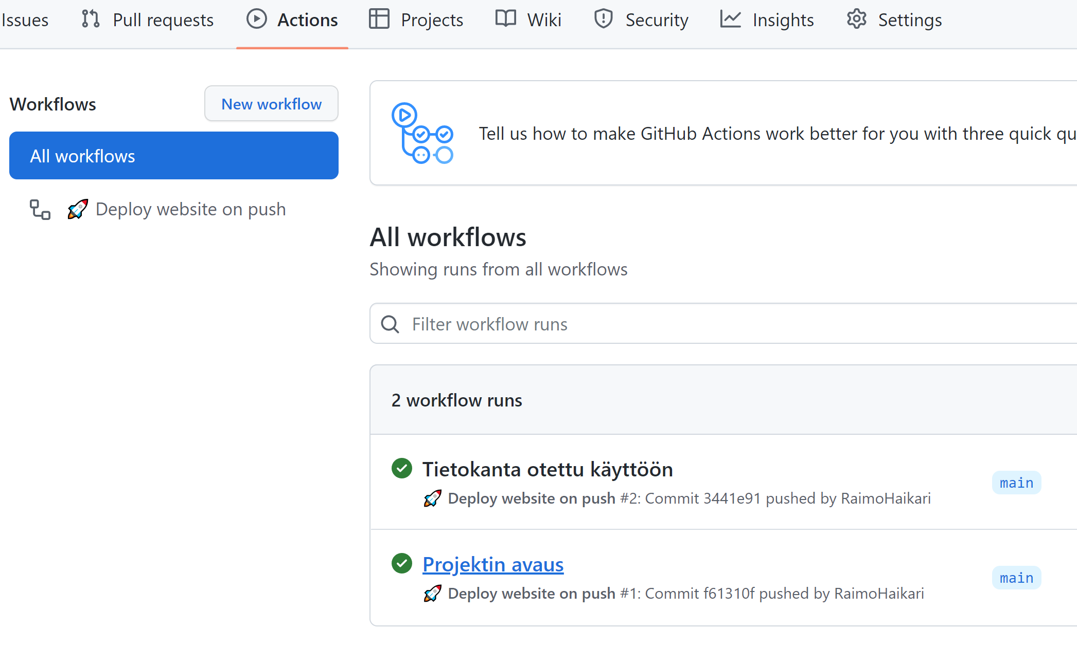 Github actions -listalle on ilmestynyt uusi merkintä.