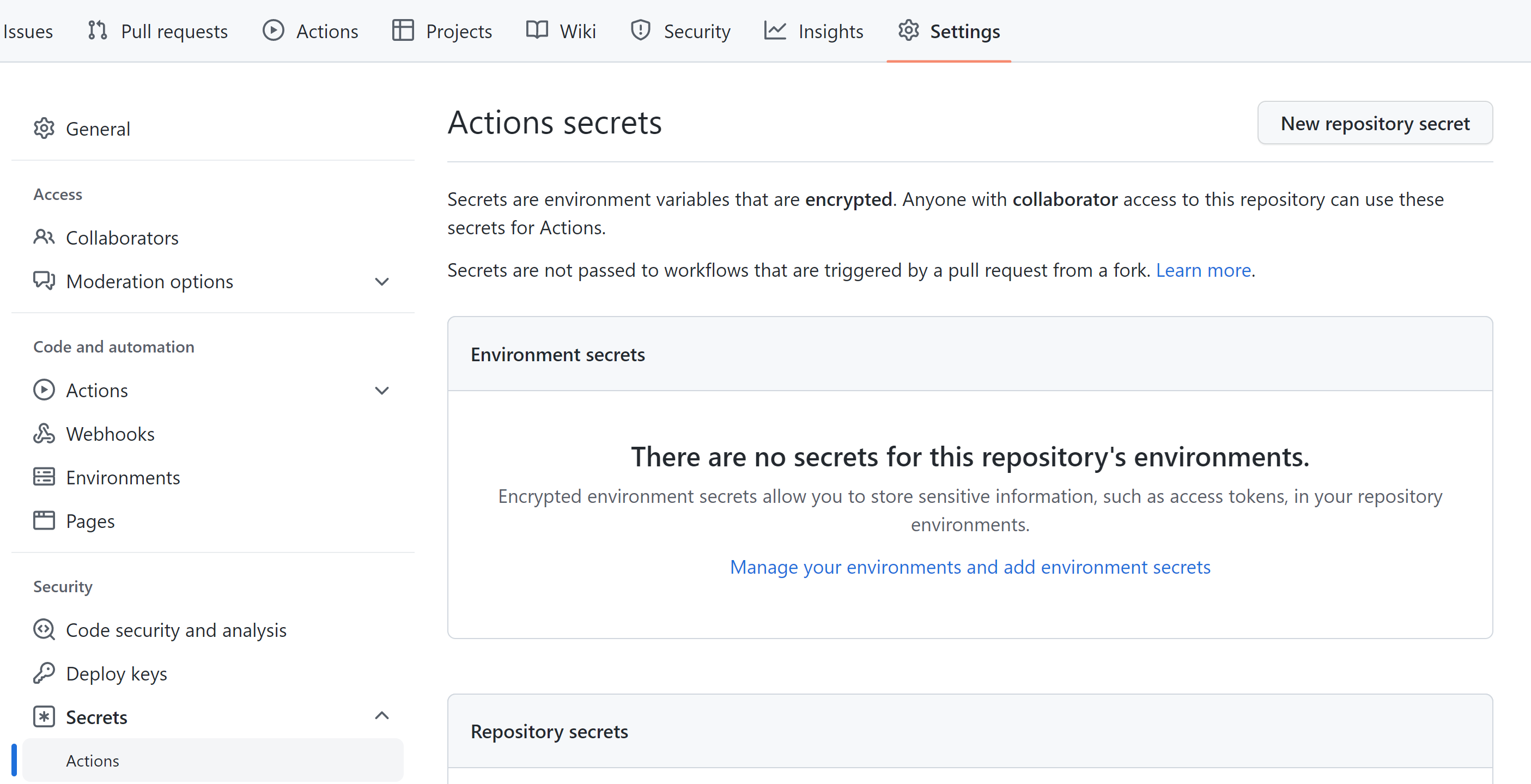 Github actions secrets -asetusten määrittäminen.