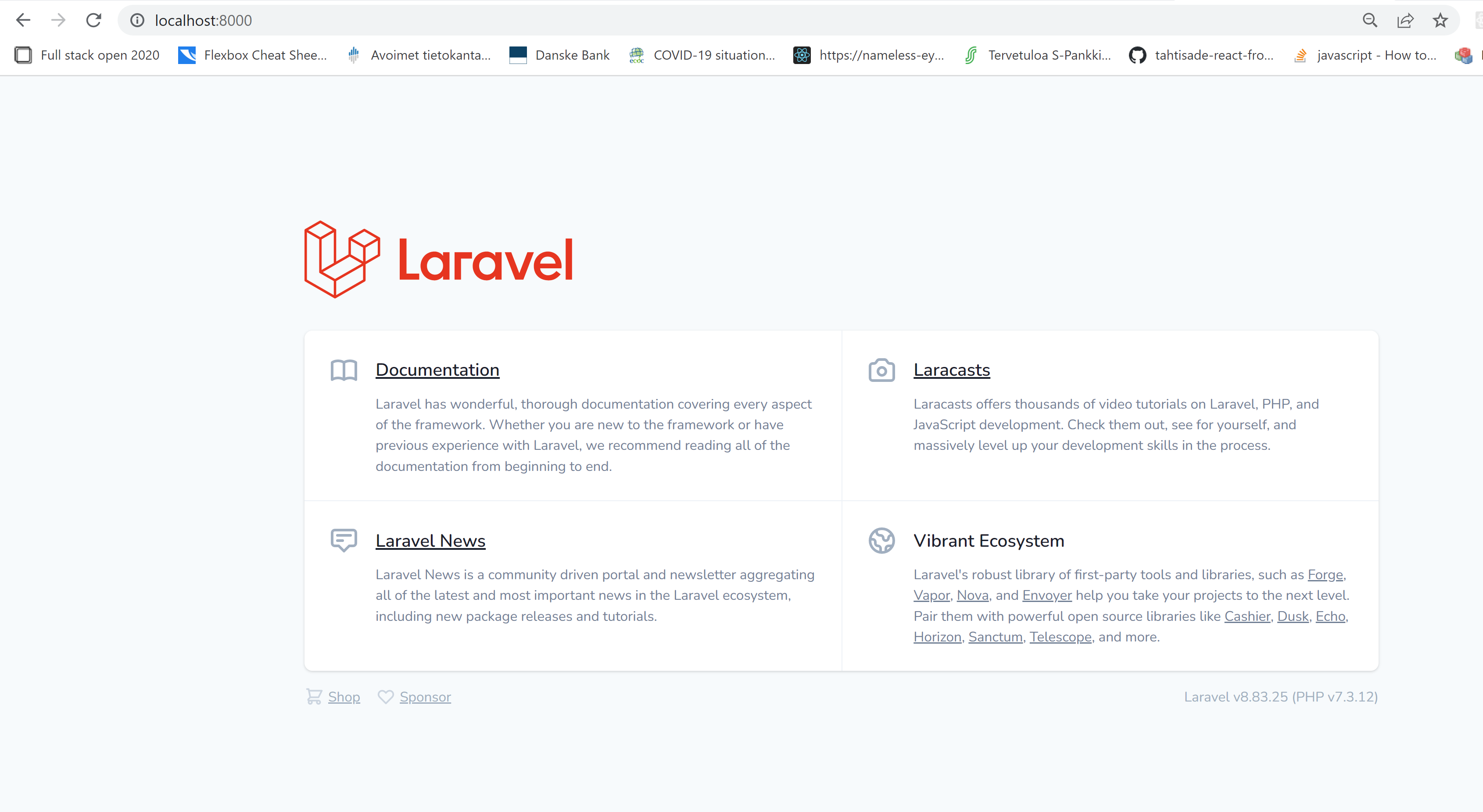 Uuden Laravel-projektin avausnäkymä.
