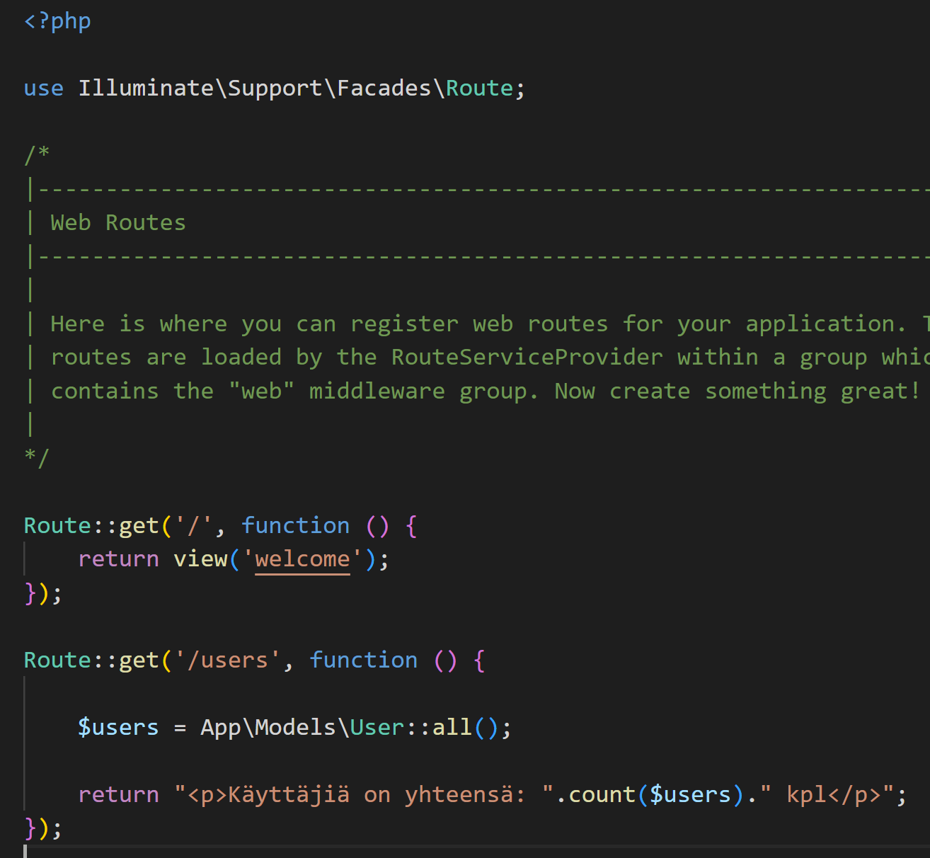 Muokattu web.php-tiedosto.