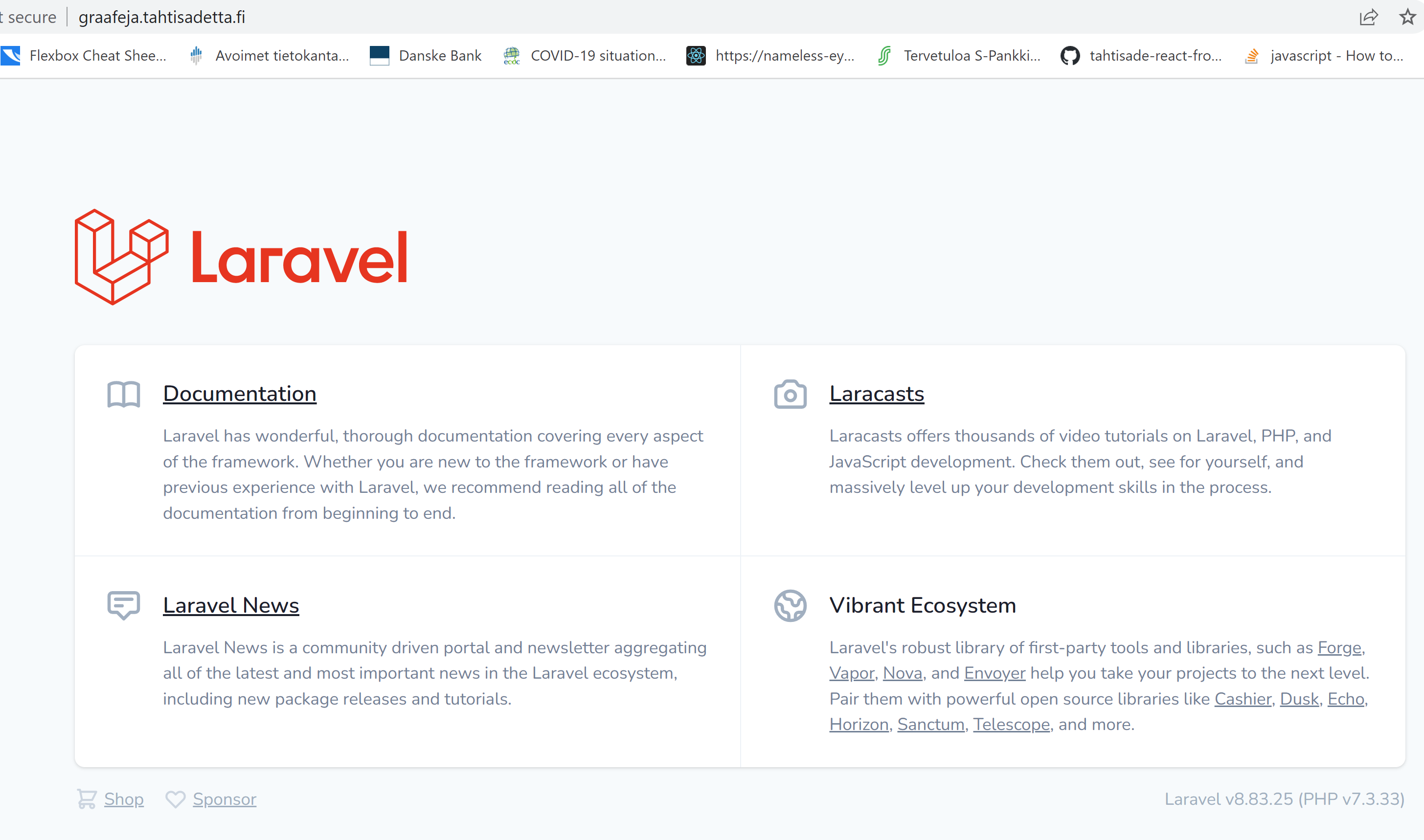 Uuden Laravel-projektin avausnäkymä webpalvelimella.
